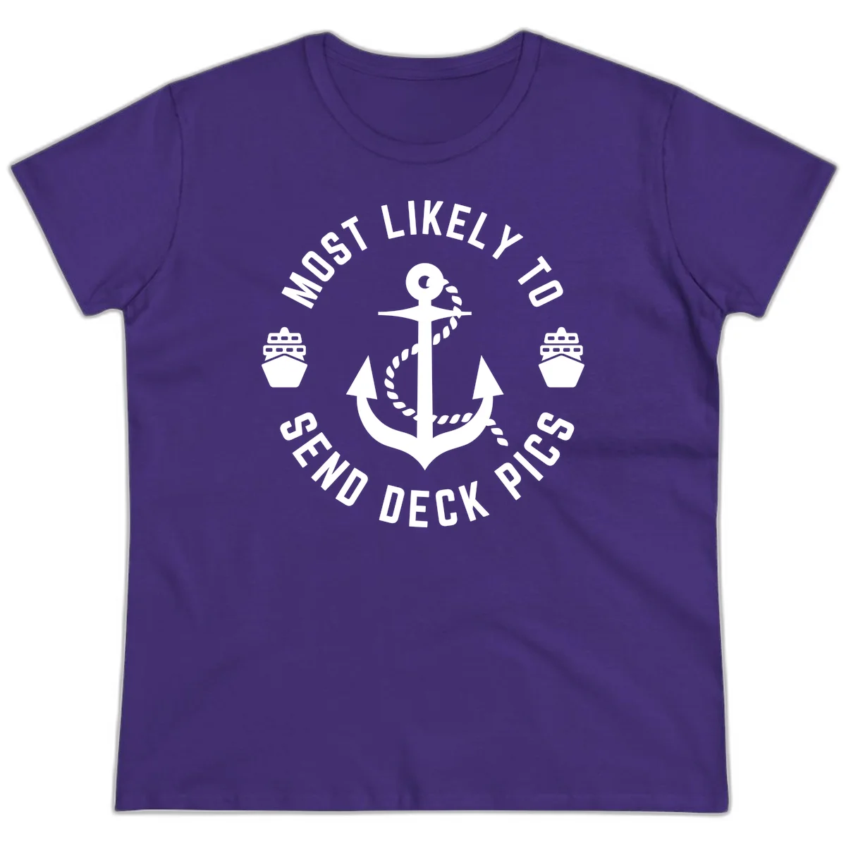 Most Likely To Send Deck Pics Ladies Tee in Purple