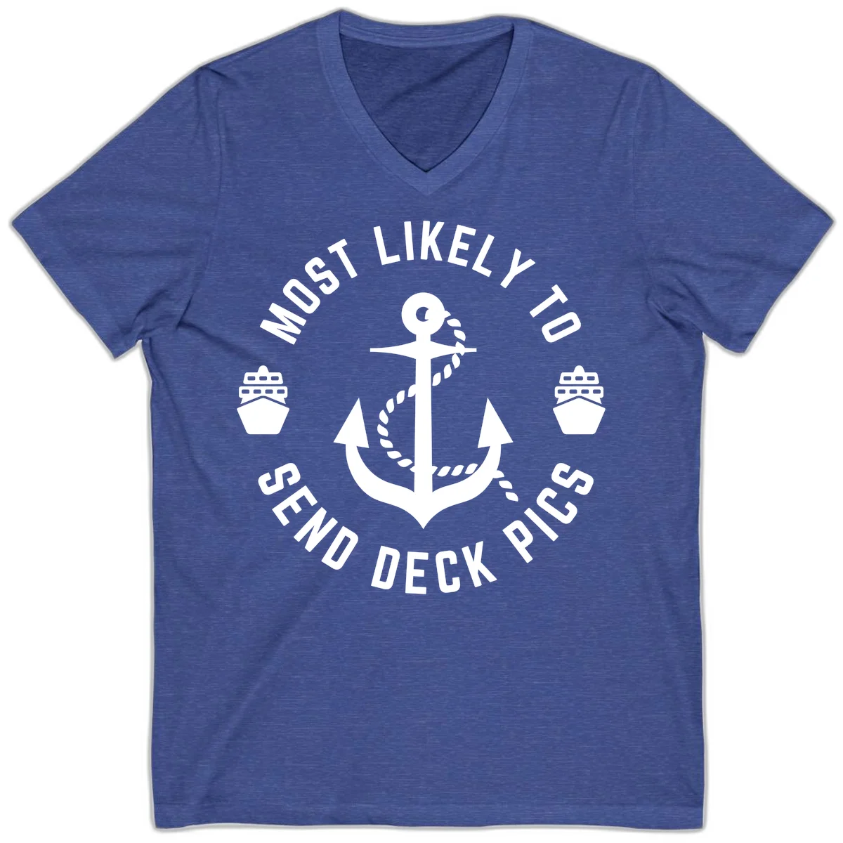 Most Likely To Send Deck Pics V-Neck in Heather True Royal