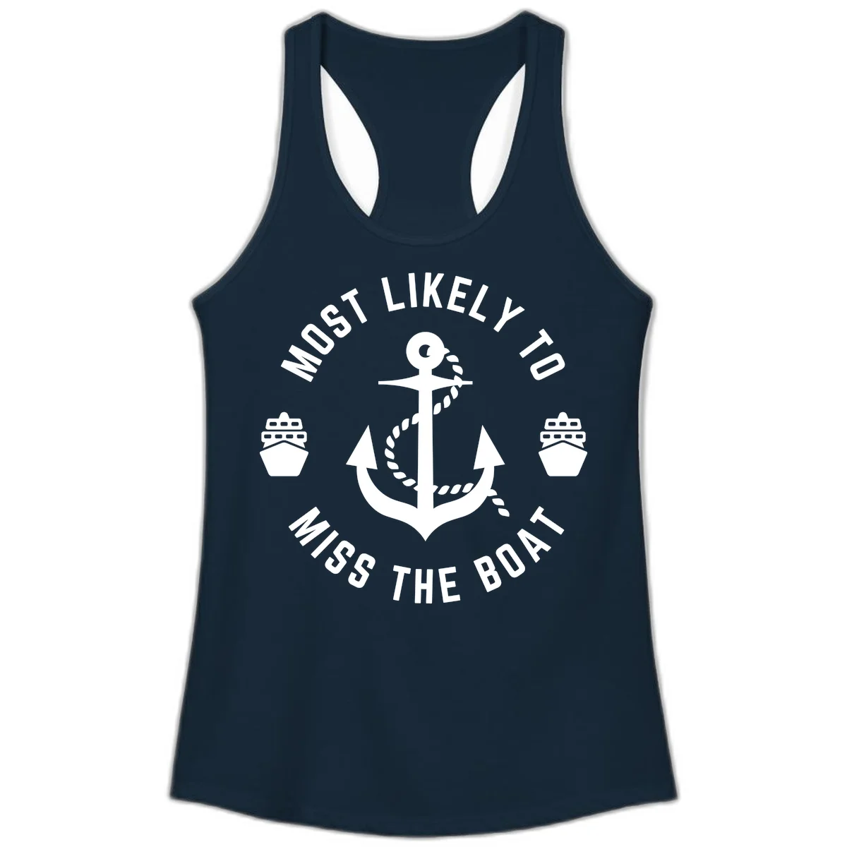 Most Likely To Miss The Boat Ladies Tank in Solid Midnight Navy