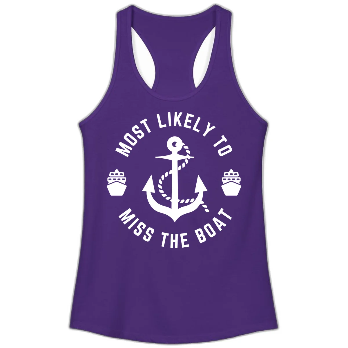 Most Likely To Miss The Boat Ladies Tank in Solid Purple Rush