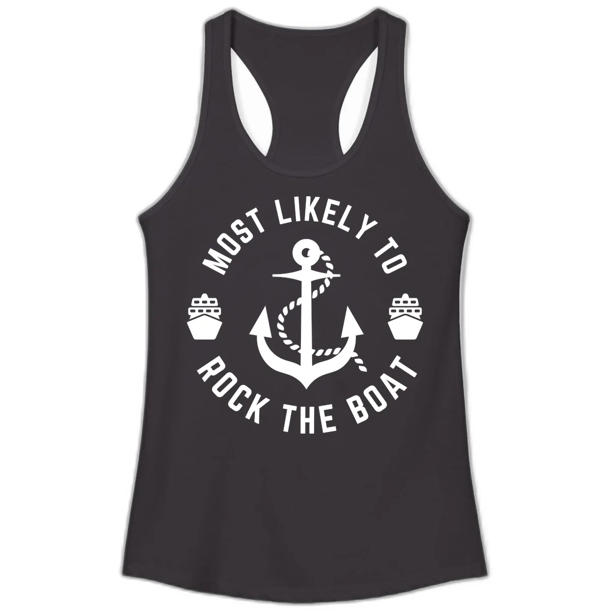 Most Likely To Rock The Boat Ladies Racerback Tank in Black