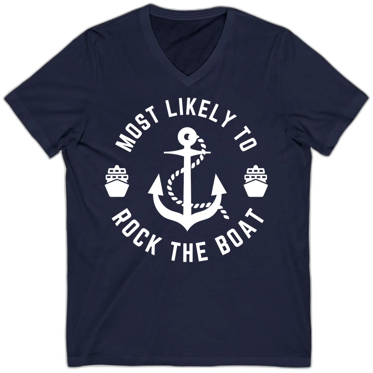 Most Likely To Rock The Boat V-Neck Cruise Tee in Navy