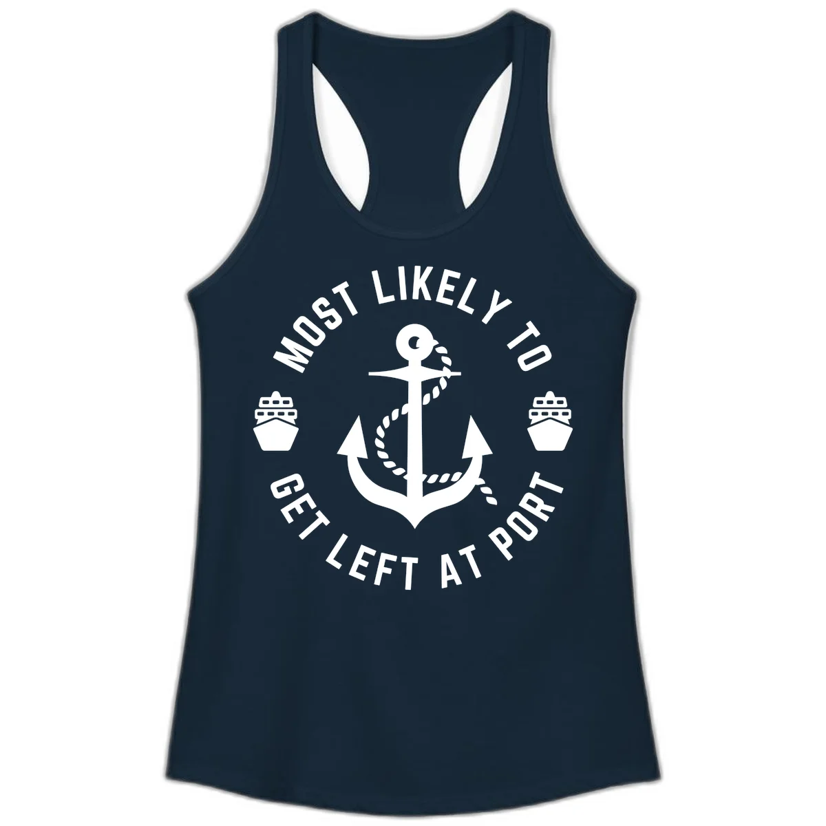 Most Likely To Get Left At Port Ladies Tank in Solid Midnight Navy