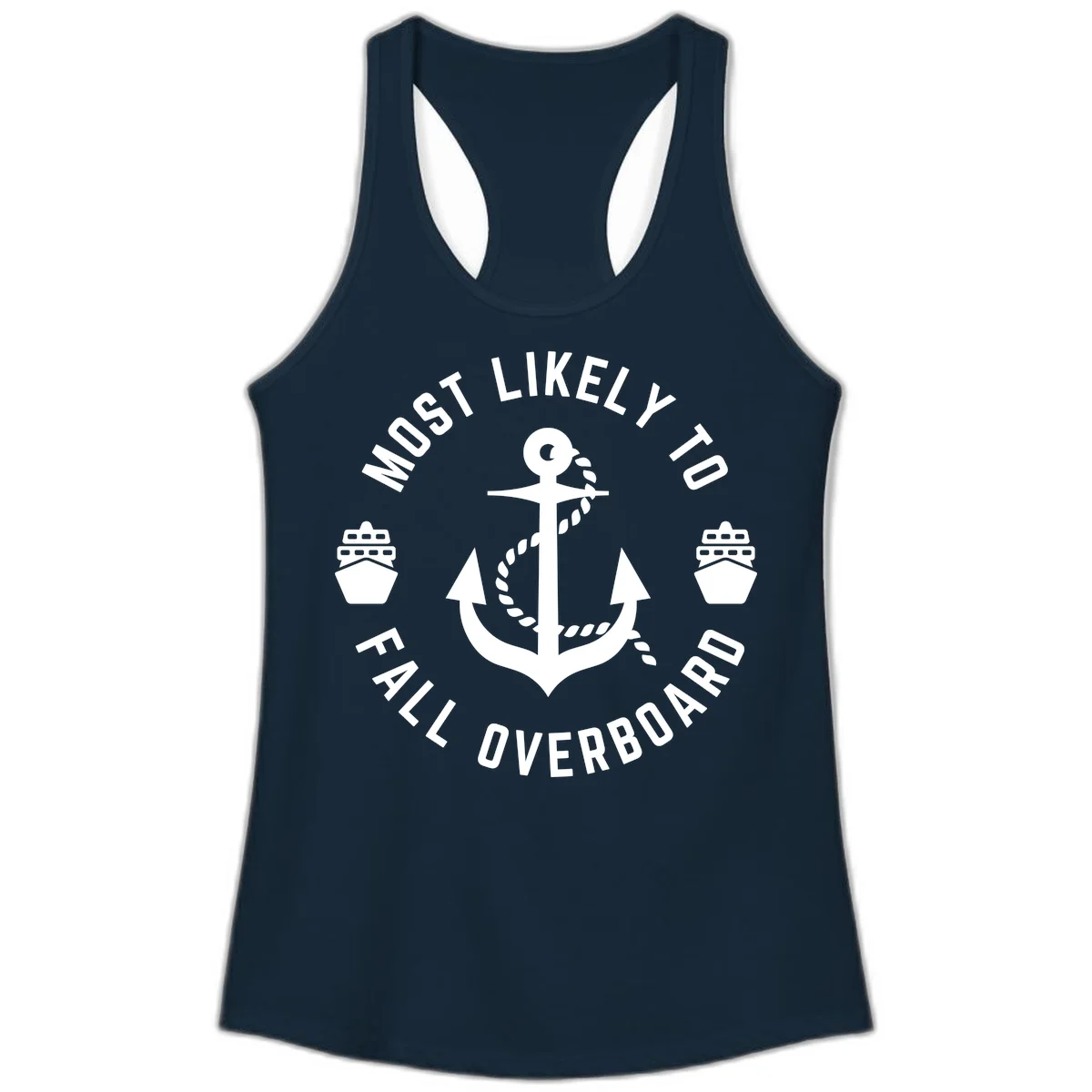 Most Likely To Fall Overboard Ladies Tank in Solid Midnight Navy