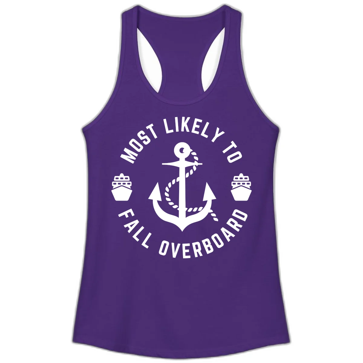 Most Likely To Fall Overboard Ladies Tank in Solid Purple Rush