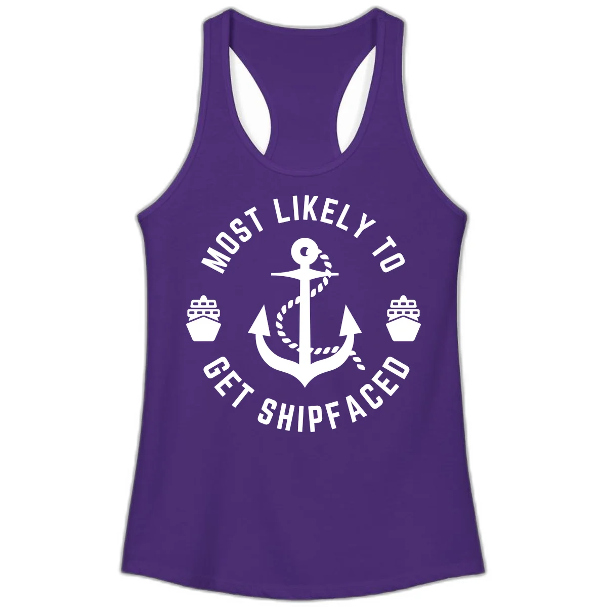 Most Likely To Get Shipfaced Ladies Tank in Solid Purple Rush