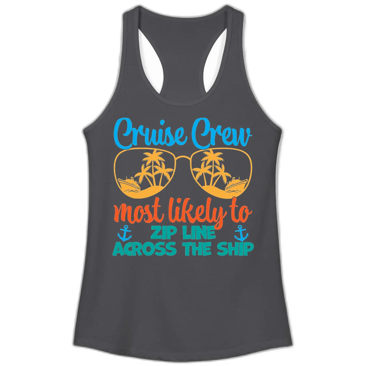 Cruise Crew Most Likely To Zip Line Ladies Tank in Solid Dark Gray