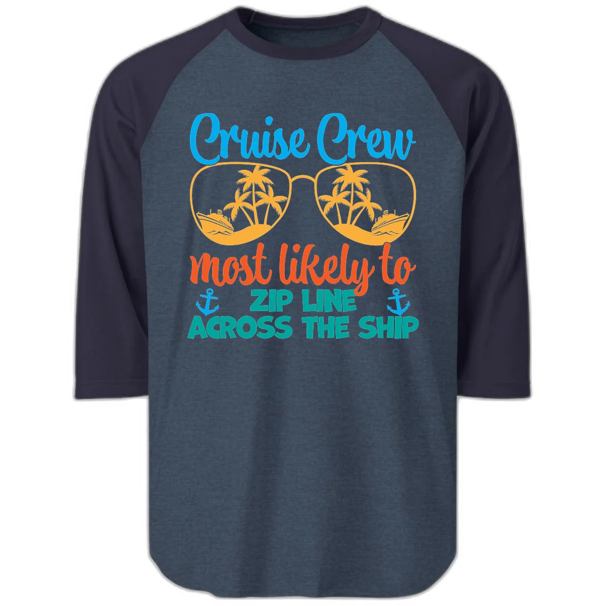 Cruise Crew Most Likely To Zip Line Raglan 3/4 in Heather Denim Navy