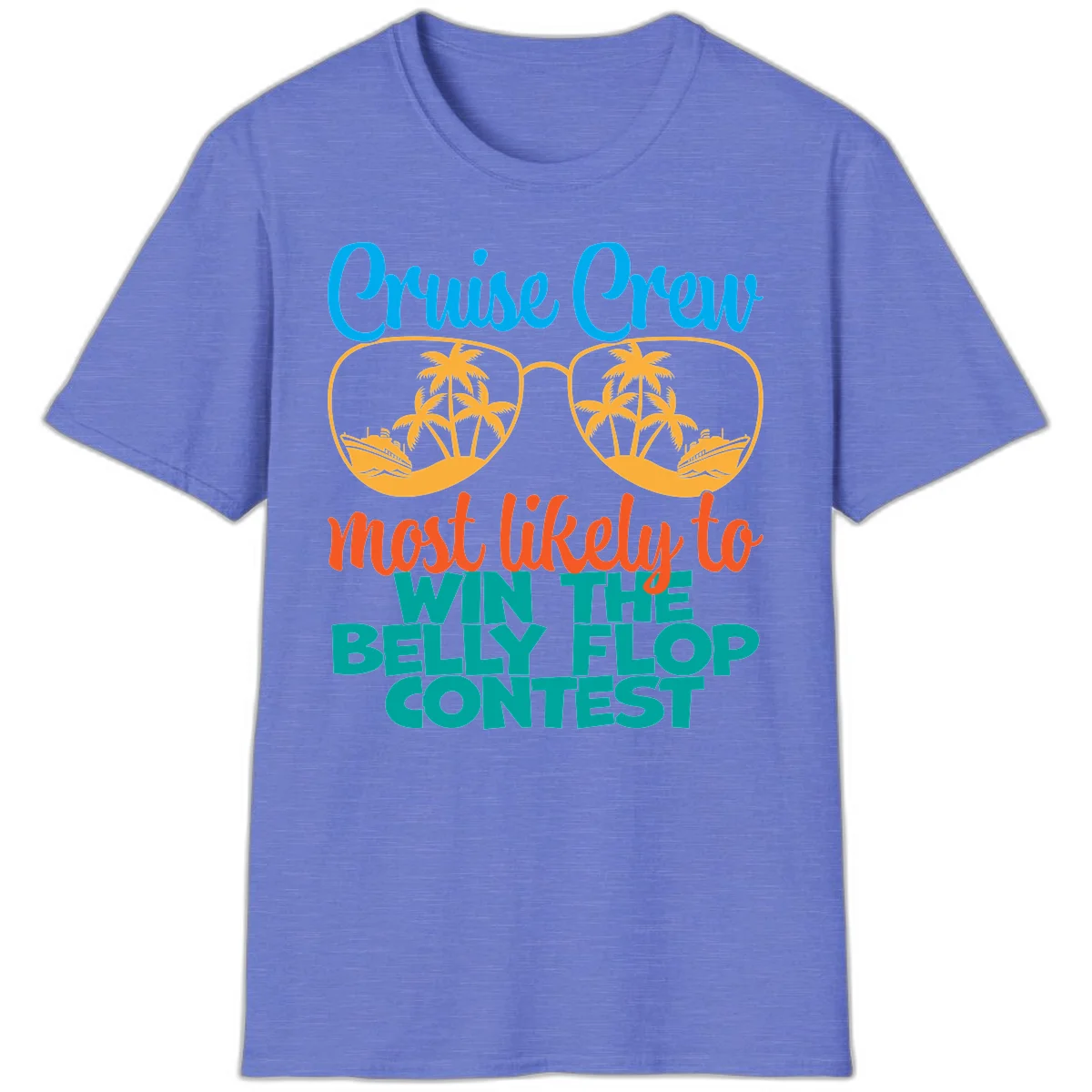Cruise Crew Belly Flop Contest Funny T-Shirt in Heather Royal