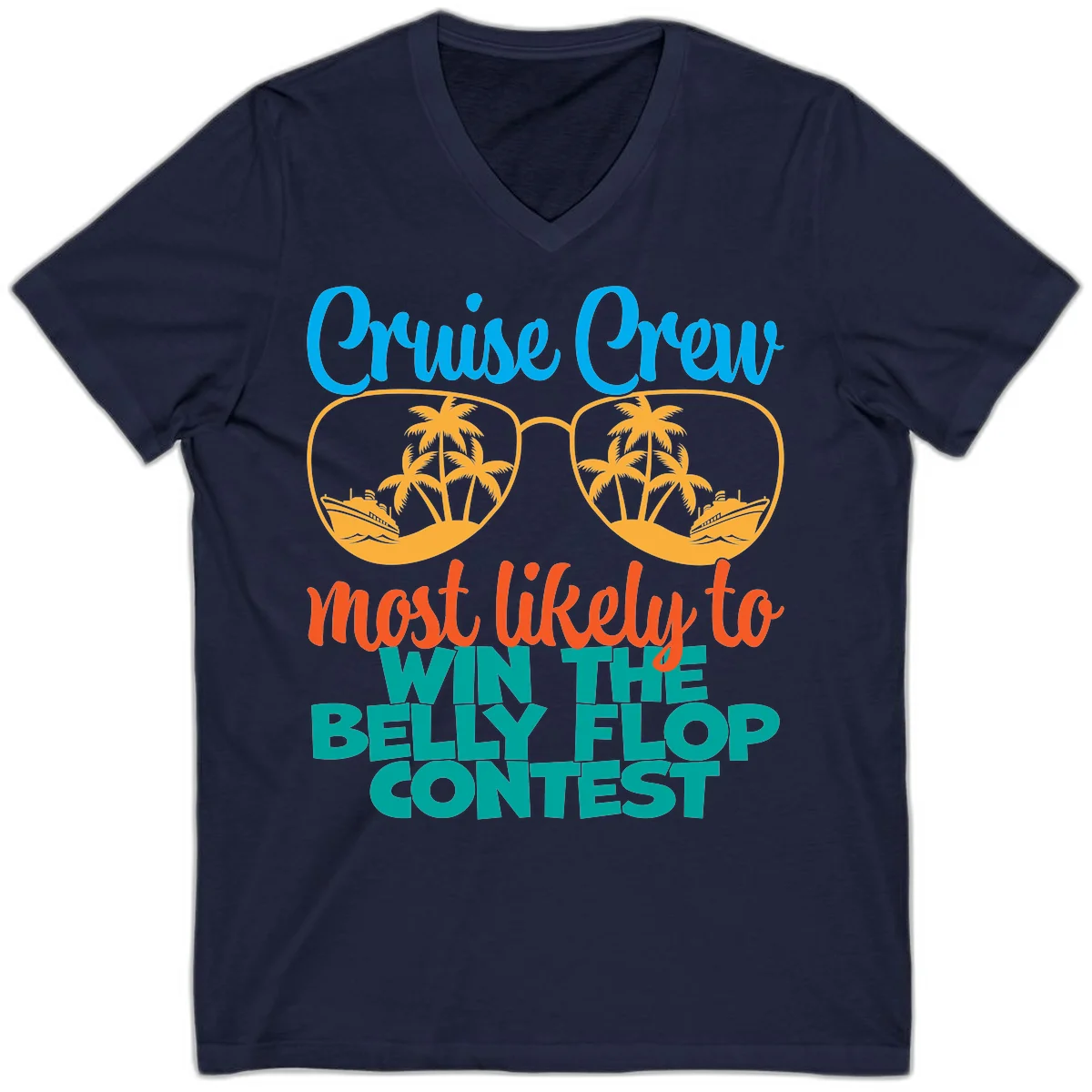 Cruise Crew Belly Flop Contest V-Neck Tee in Navy