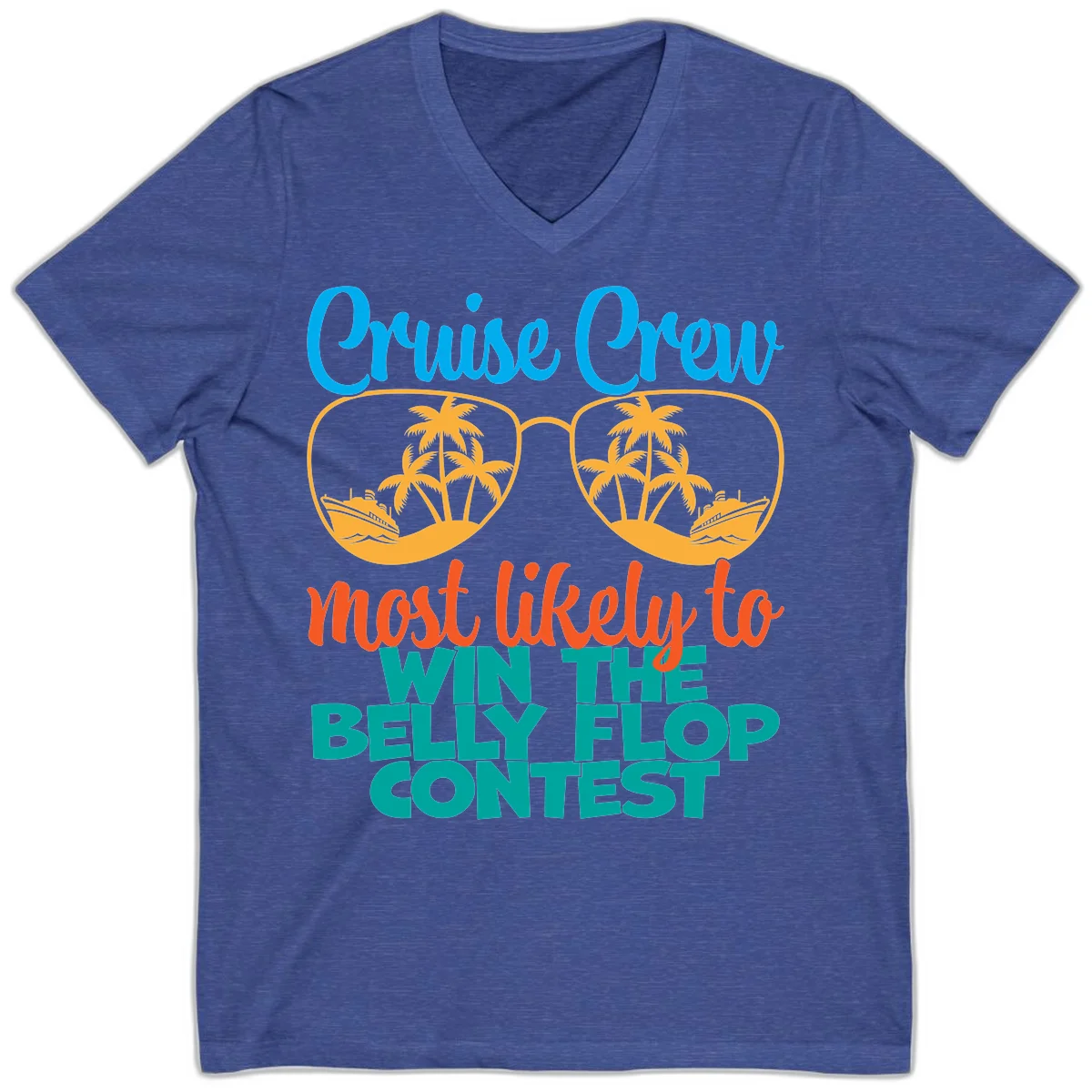 Cruise Crew Belly Flop Contest V-Neck Tee in Heather True Royal