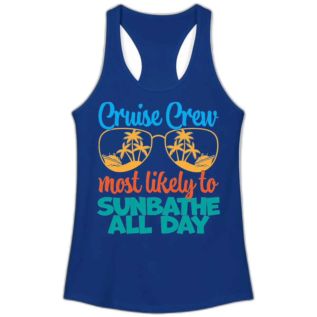 Cruise Crew Most Likely To Sunbathe All Day Ladies Tank in Solid Royal