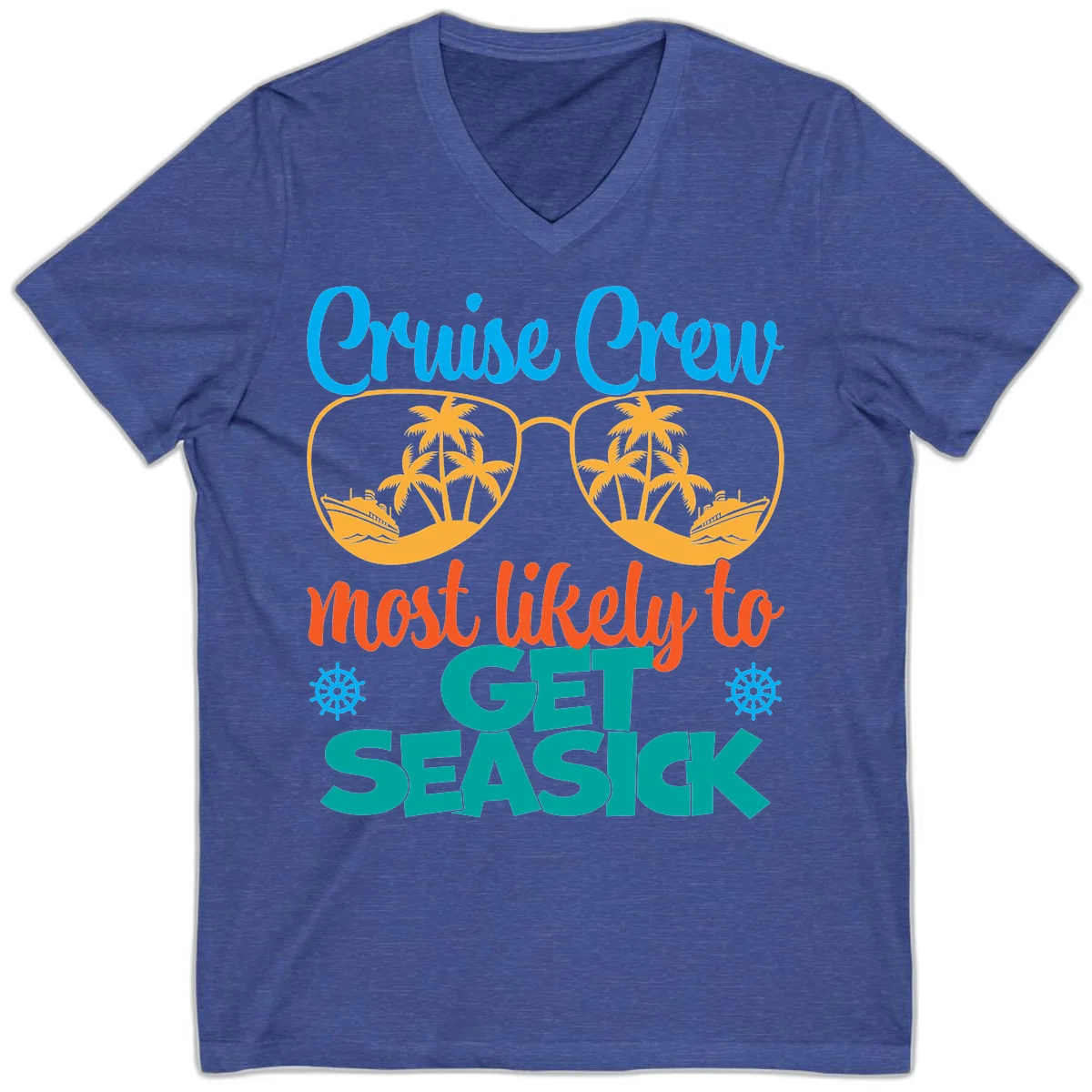 Cruise Crew Most Likely To Get Seasick V-Neck in Heather True Royal