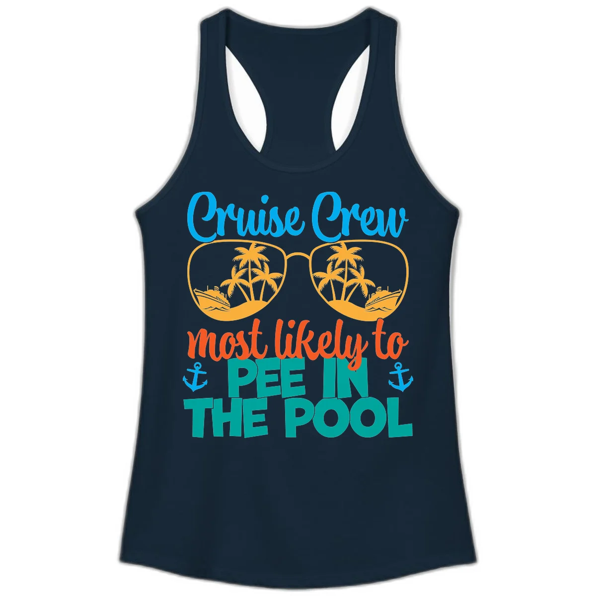 Cruise Crew Most Likely To Pee In The Pool Ladies Tank in Solid Midnight Navy