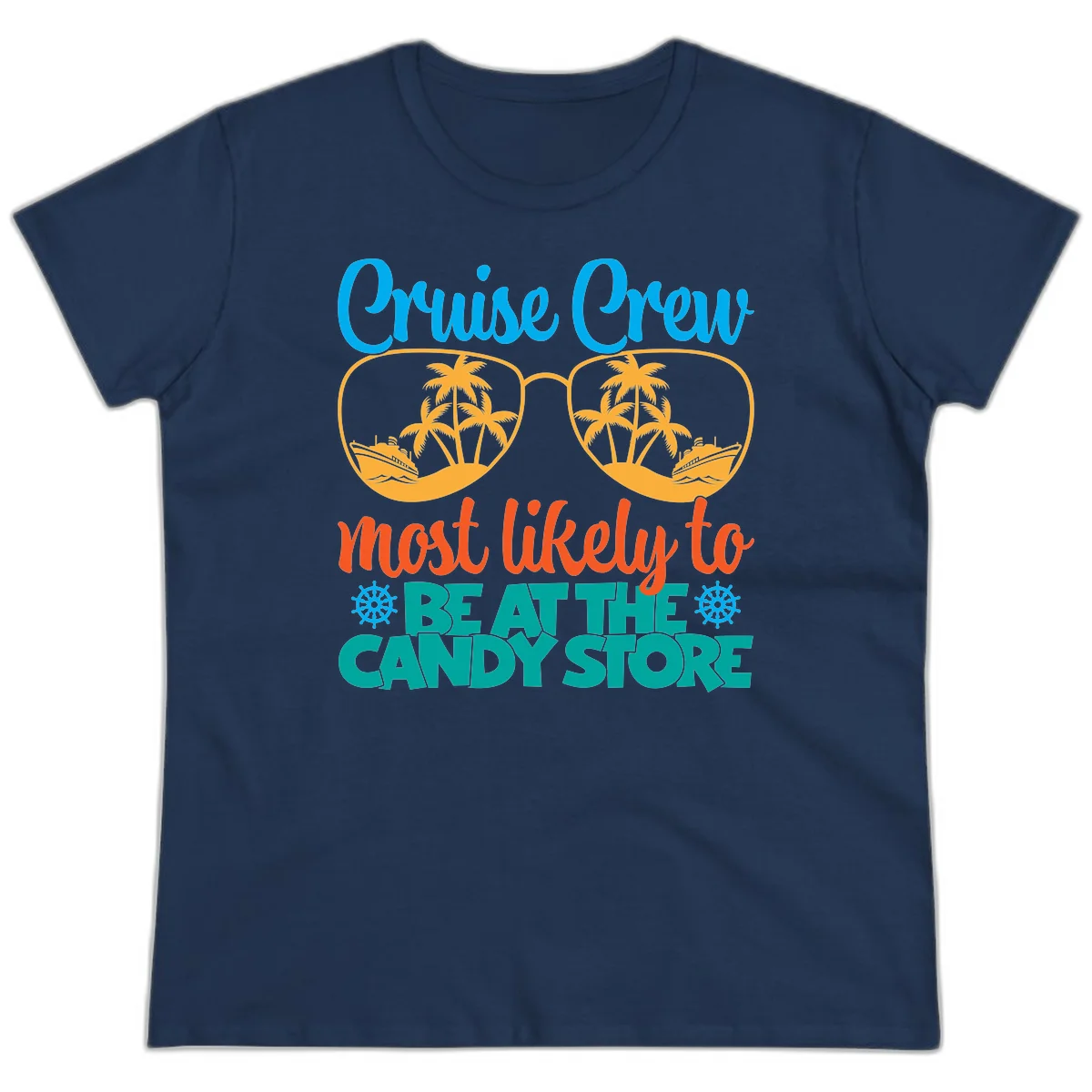 Cruise Crew Most Likely To Breathe Candy Store Ladies Tee in Navy
