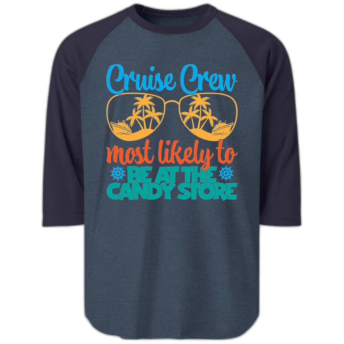 Cruise Crew Most Likely To Breathe Candy Store Raglan 3/4 in Heather Denim Navy