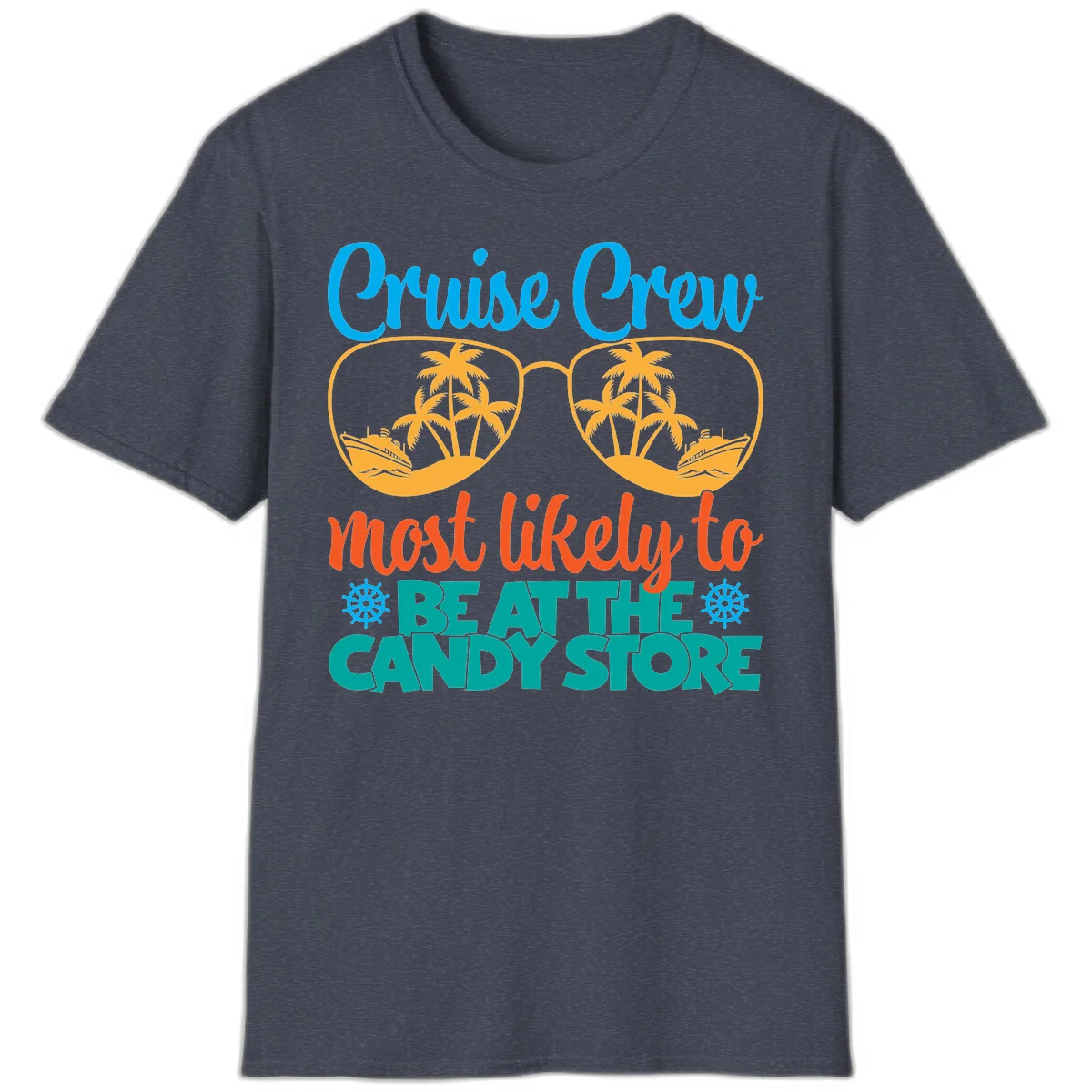 Cruise Crew Most Likely To Breathe Candy Store T-Shirt in Heather Navy