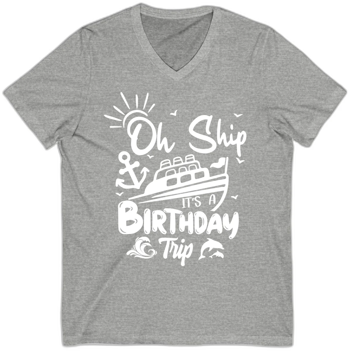 Oh Ship It's A Birthday Trip V-Neck Tee in Athletic Heather