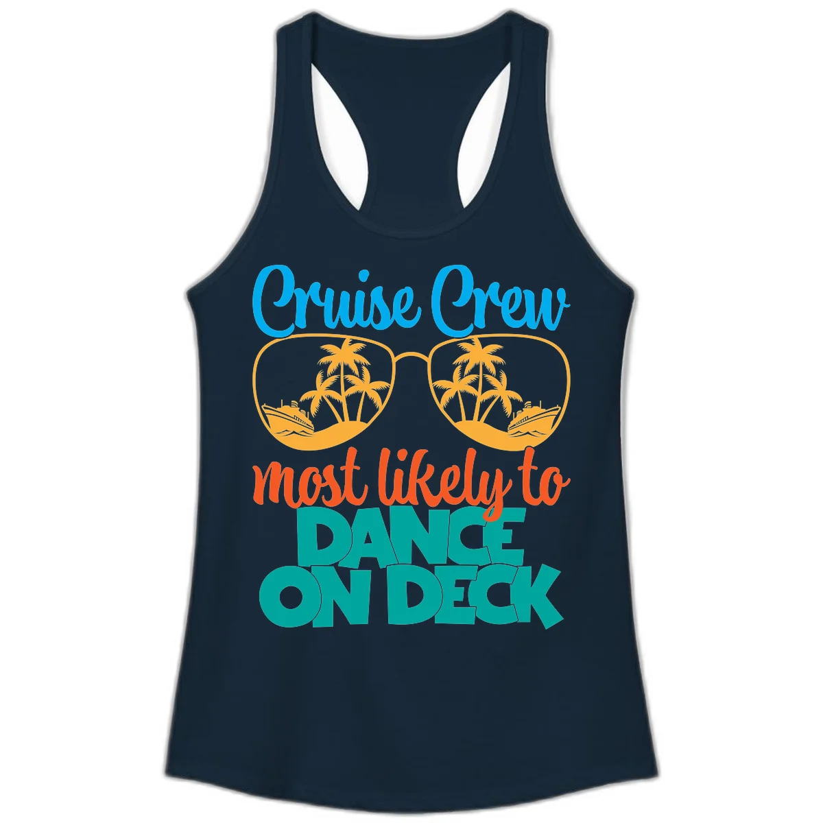 Cruise Crew Most Likely To Dance On Deck Ladies Tank in Solid Midnight Navy