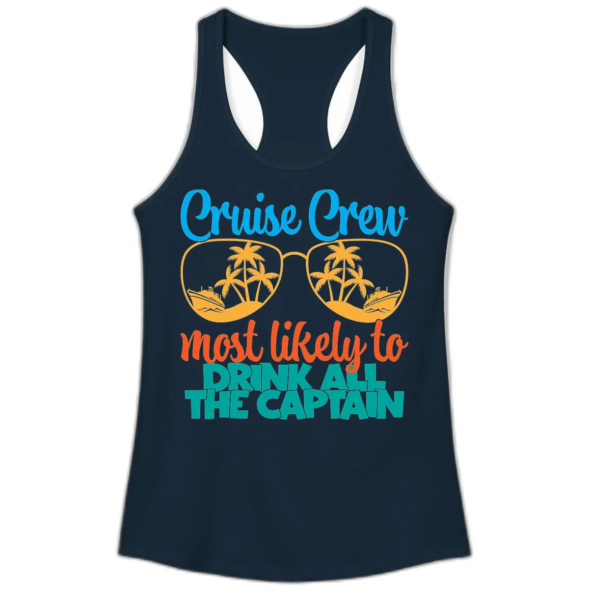 Cruise Crew Most Likely to Drink All Captain Ladies Tank in Solid Midnight Navy