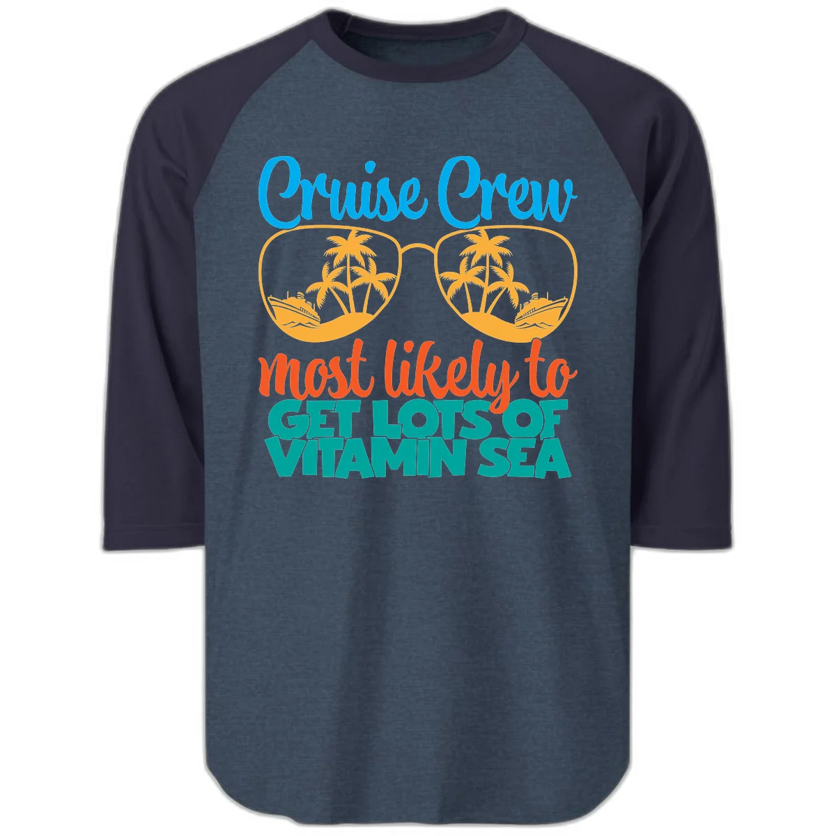 Cruise Crew Most Likely To Get Lost At Sea Raglan 3/4 in Heather Denim Navy