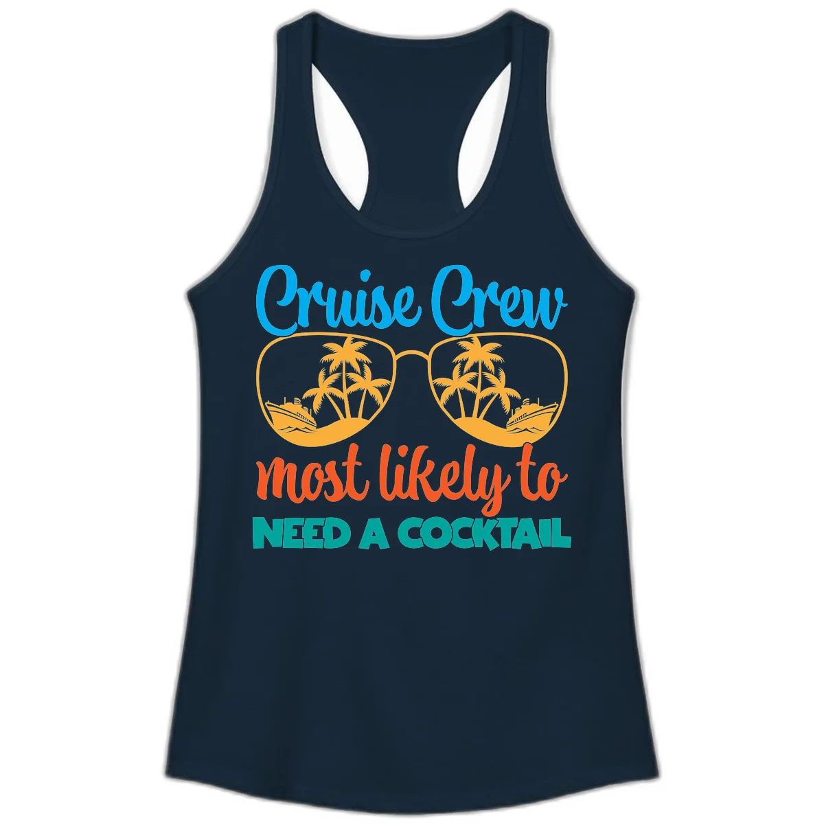Cruise Crew Most Likely To Need A Cocktail Ladies Tank in Solid Midnight Navy