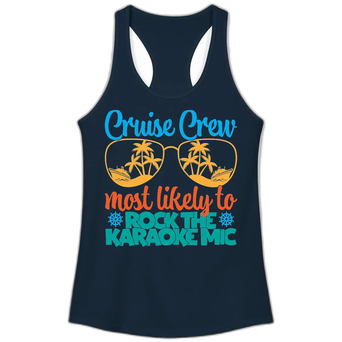 Cruise Crew Most Likely To Rock The Karaoke Mic Ladies Tank in Solid Midnight Navy