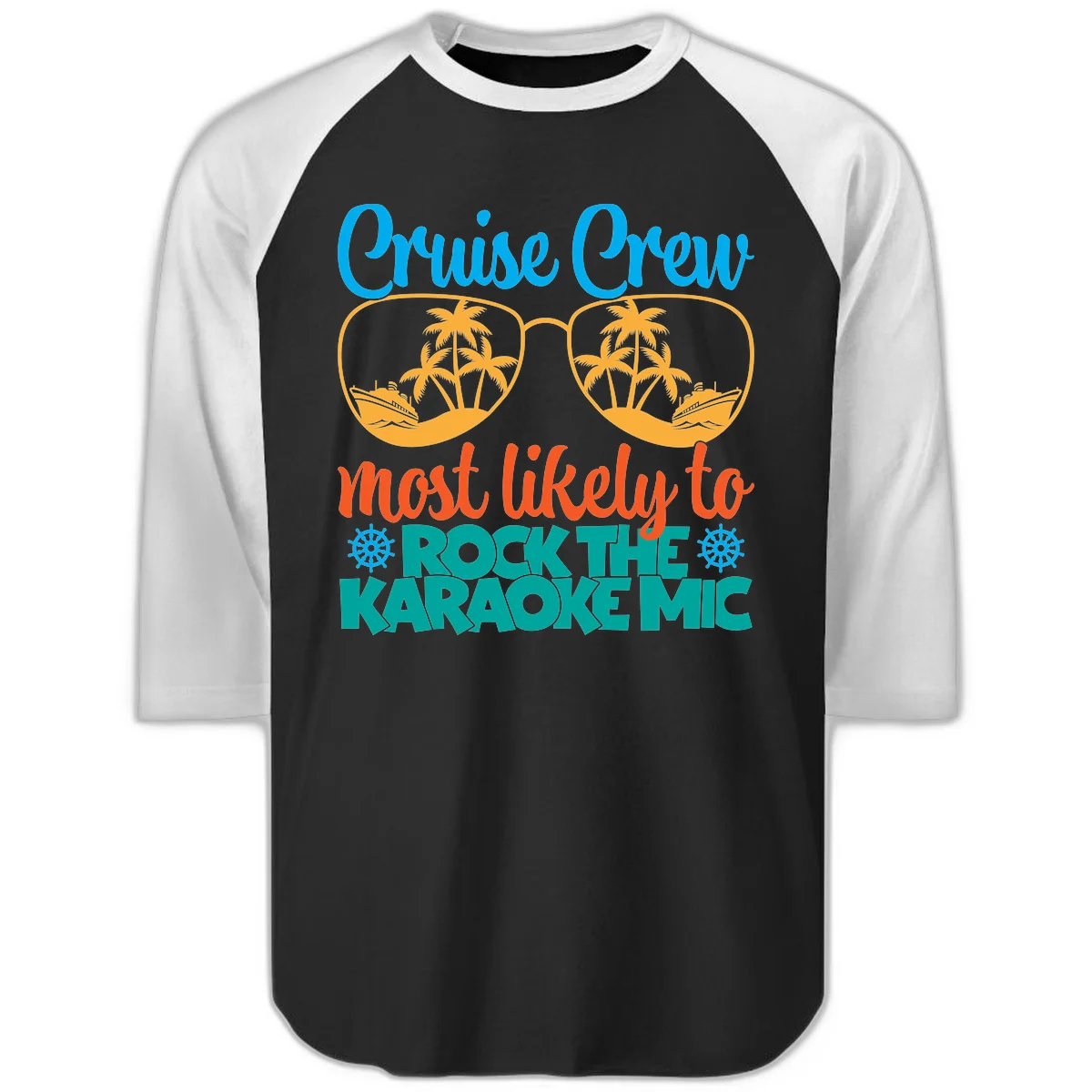 Cruise Crew Most Likely To Rock The Karaoke Mic Raglan 3/4 in Black White