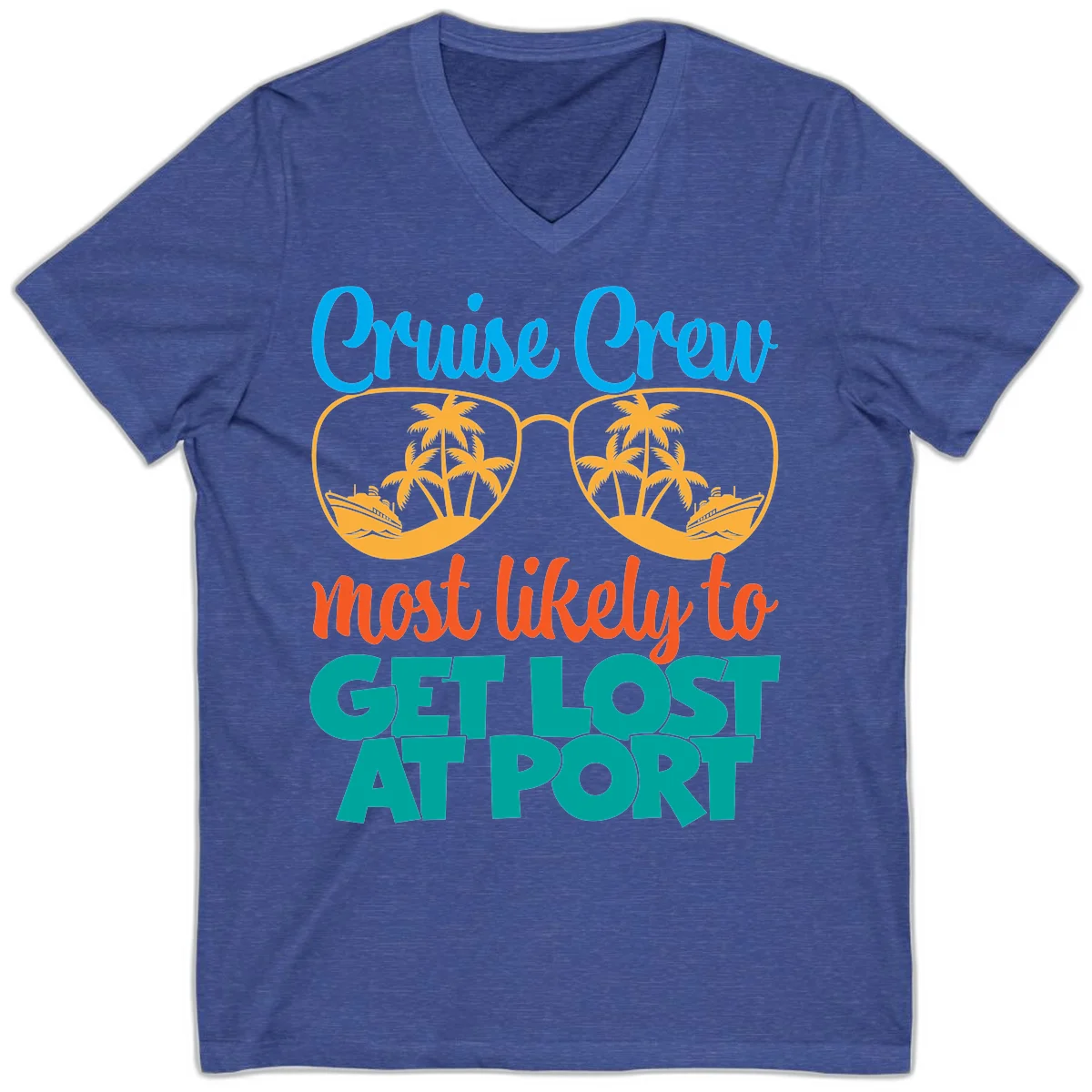 Cruise Crew Most Likely To Get Lost At Port V-Neck in Heather True Royal