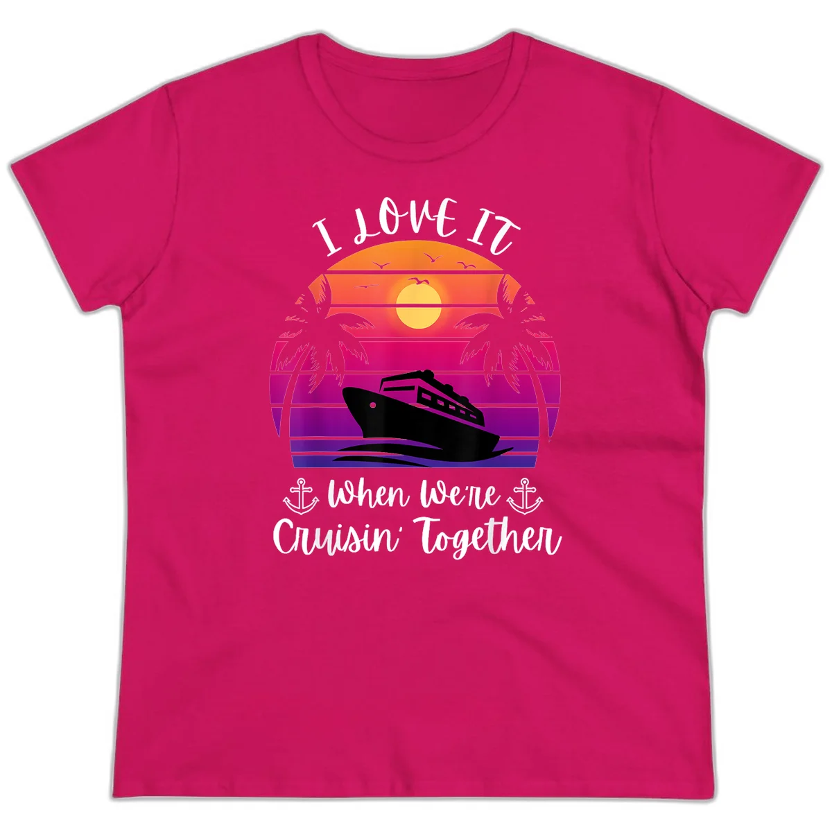 Cruisin' Together Sunset Ship Ladies Tee in Heliconia