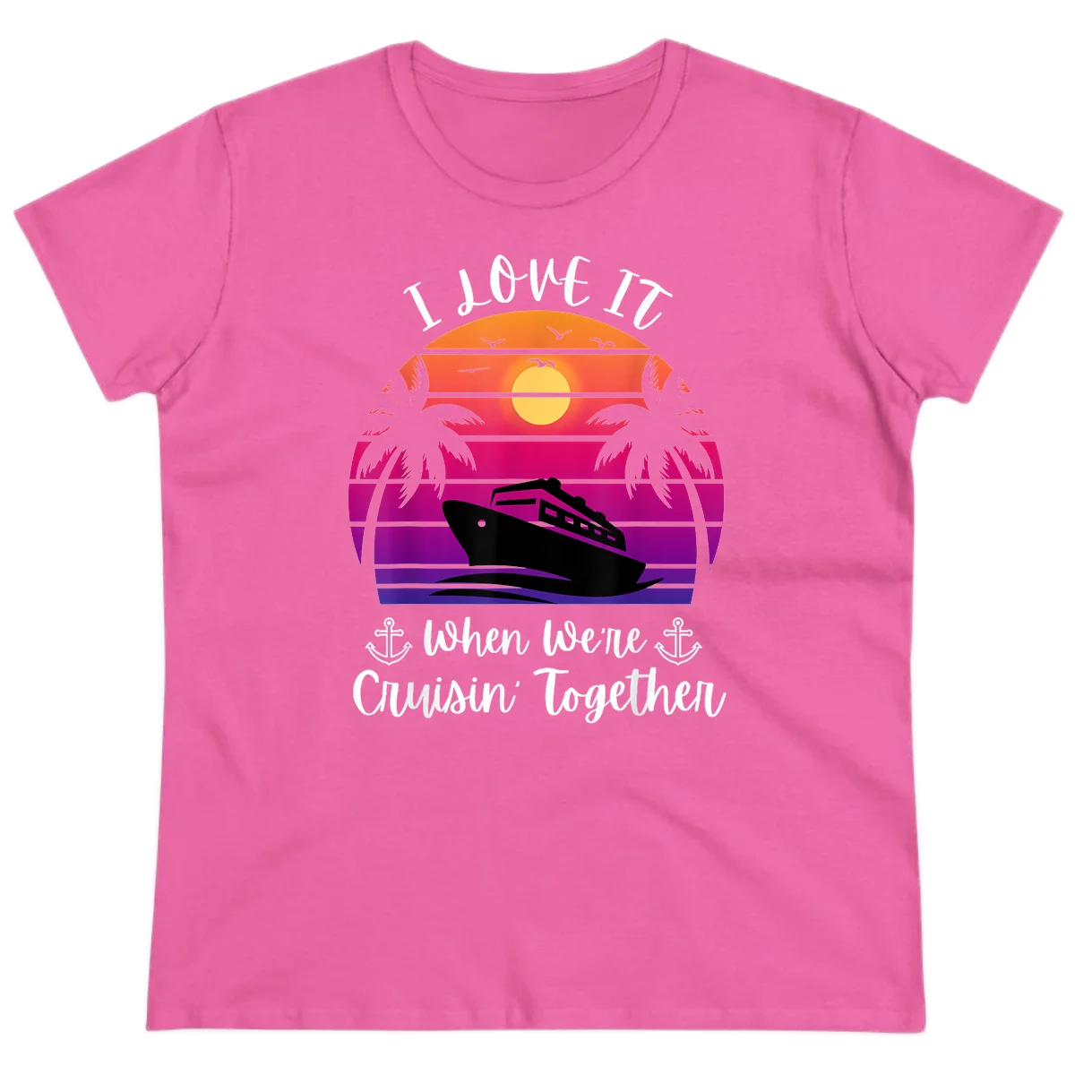 Cruisin' Together Sunset Ship Ladies Tee in Azalea