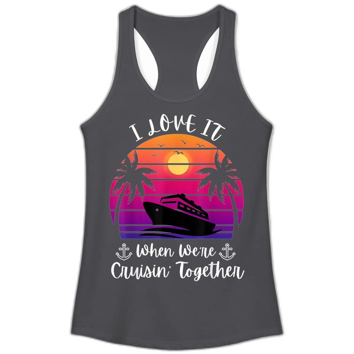 Cruisin' Together Sunset Ship Ladies Tank in Solid Dark Gray