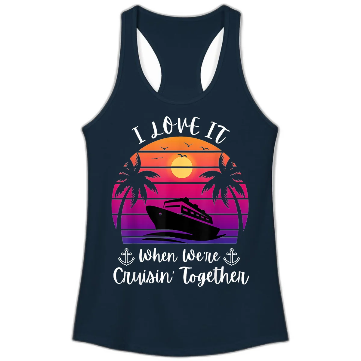 Cruisin' Together Sunset Ship Ladies Tank in Solid Midnight Navy