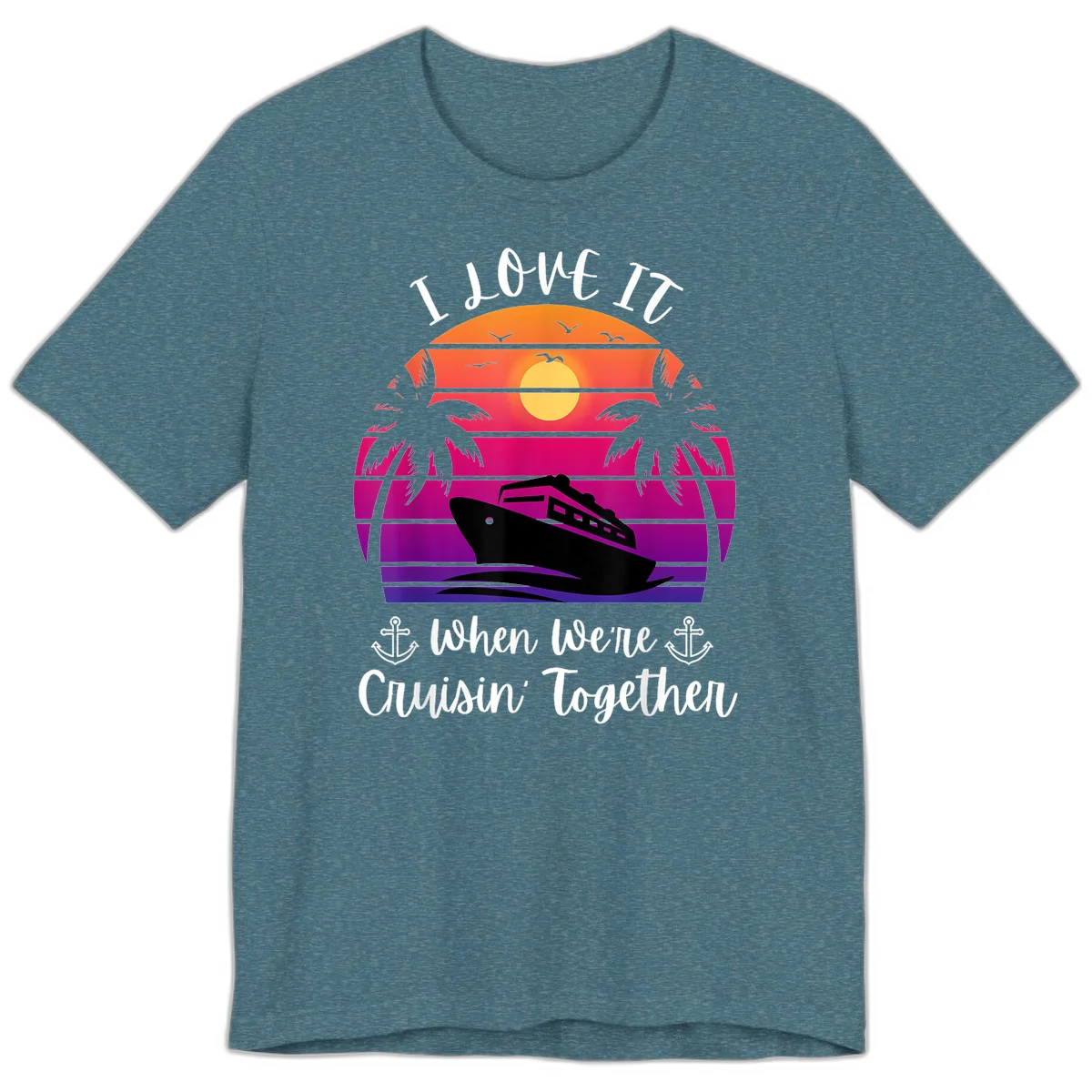 Cruisin' Together Sunset Ship Premium T-Shirt in Heather Deep Teal
