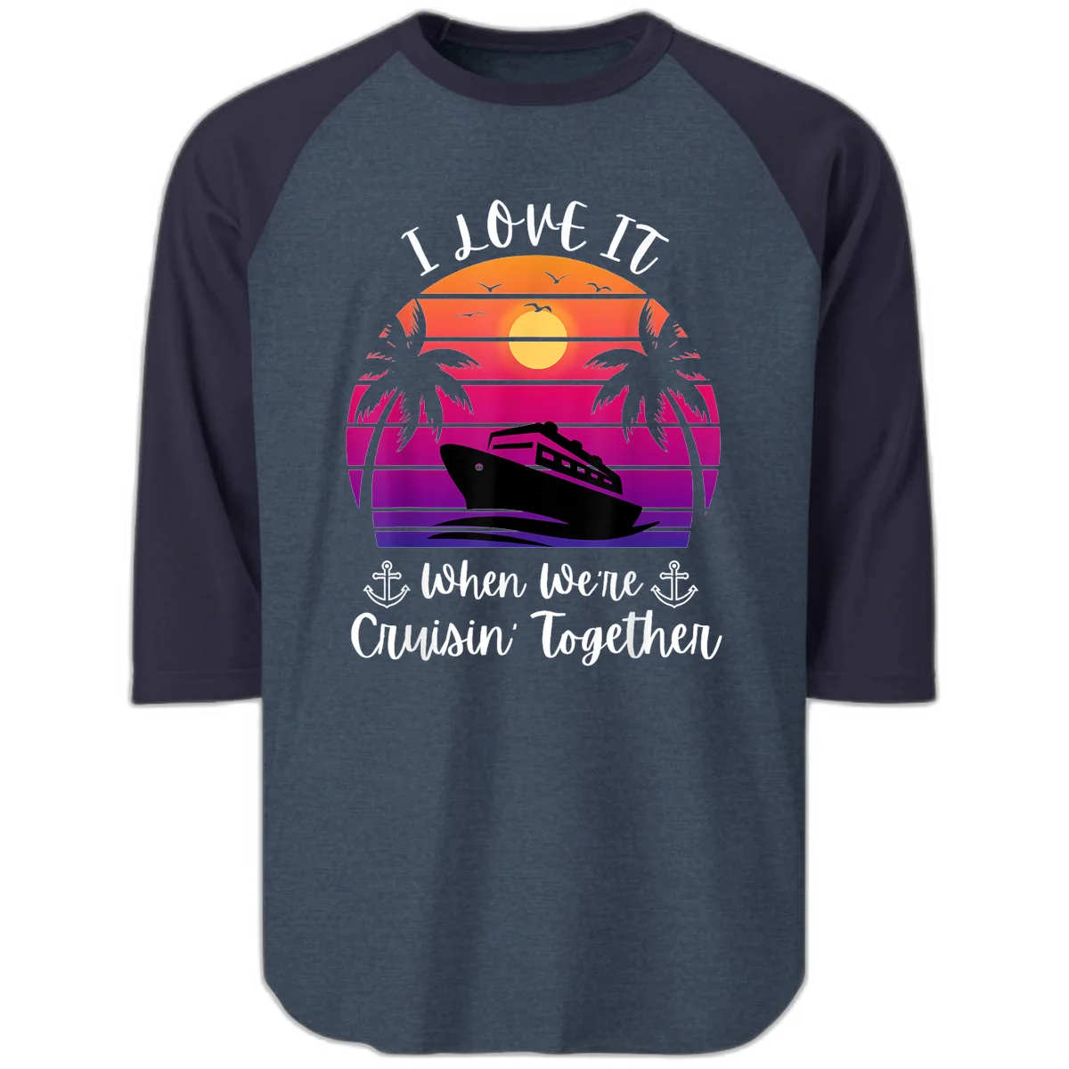 Cruisin' Together Sunset Ship Raglan 3/4 in Heather Denim Navy