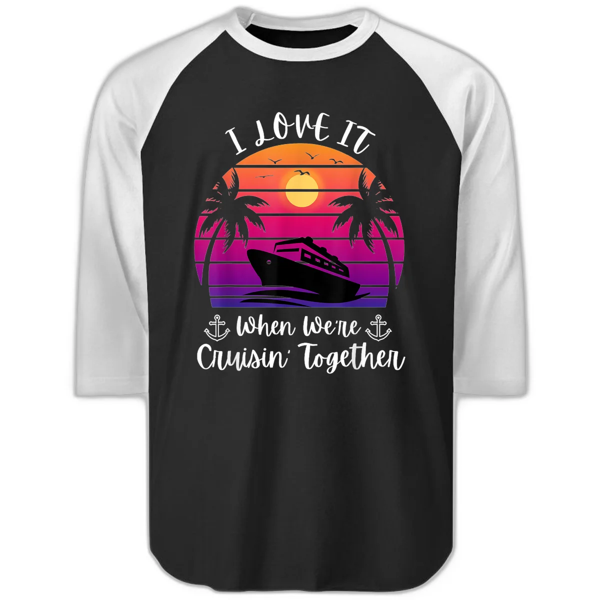 Cruisin' Together Sunset Ship Raglan 3/4 in Black White