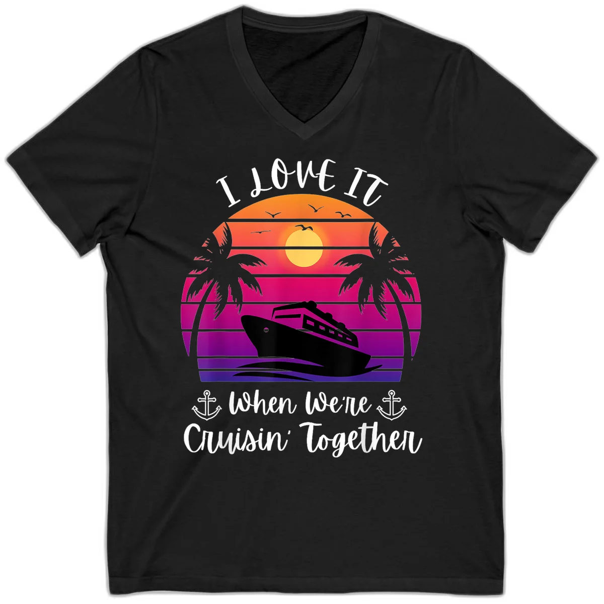 Cruisin' Together Sunset Ship V-Neck in Black