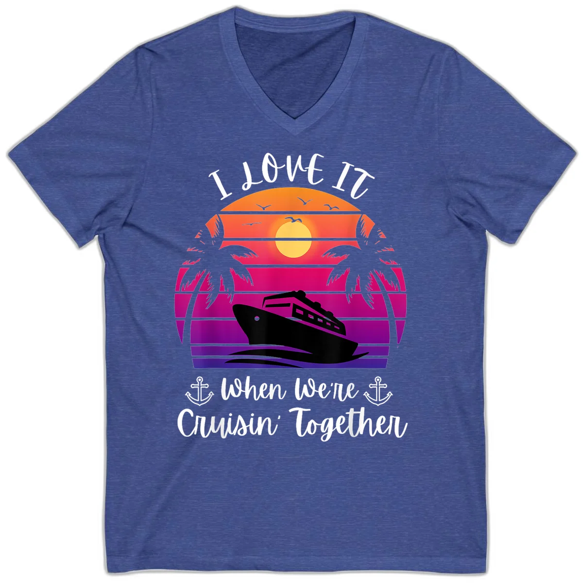 Cruisin' Together Sunset Ship V-Neck in Heather True Royal
