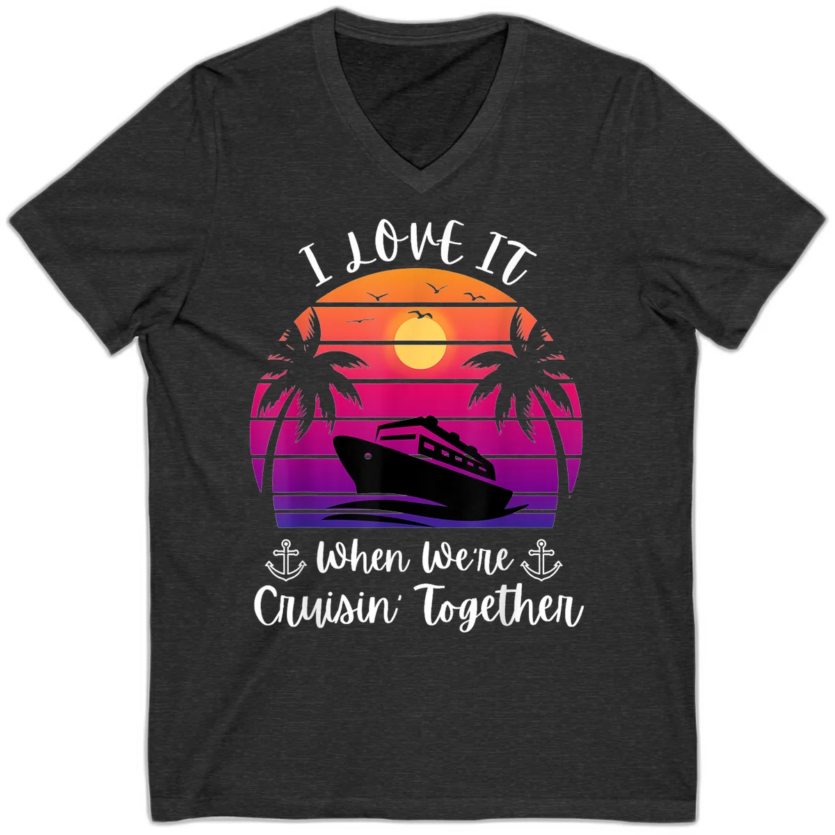 Cruisin' Together Sunset Ship V-Neck in Dark Grey Heather