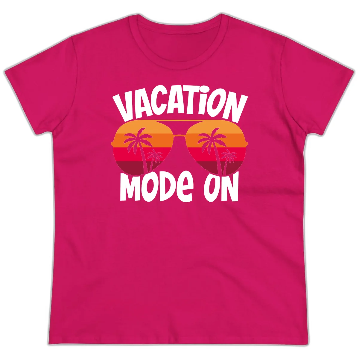 Vacation Mode On Ladies Tee in Heliconia