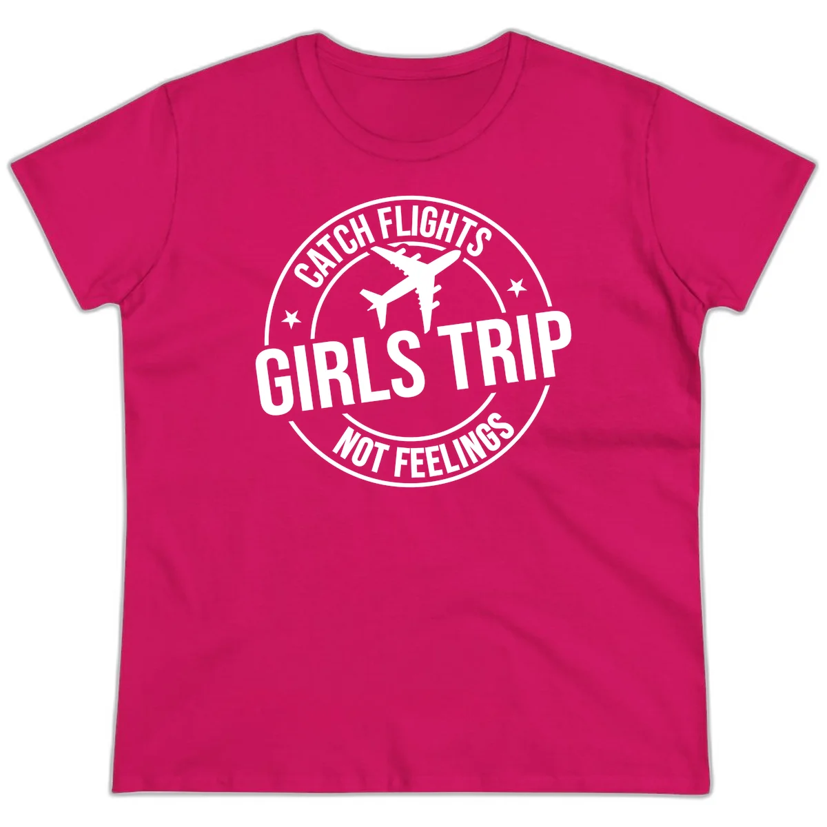 Catch Flights Not Feelings Girls Trip Ladies Tee in Heliconia