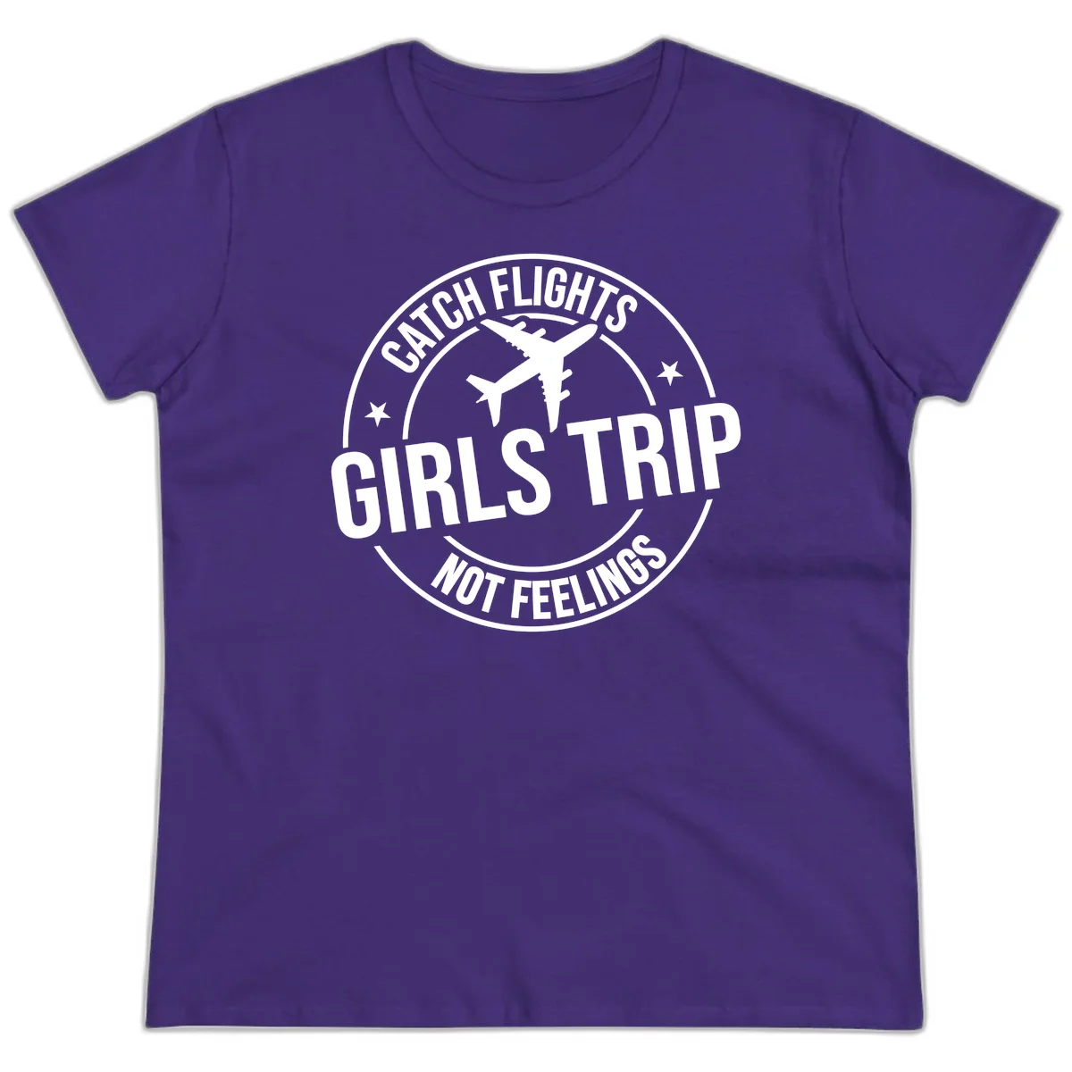 Catch Flights Not Feelings Girls Trip Ladies Tee in Purple