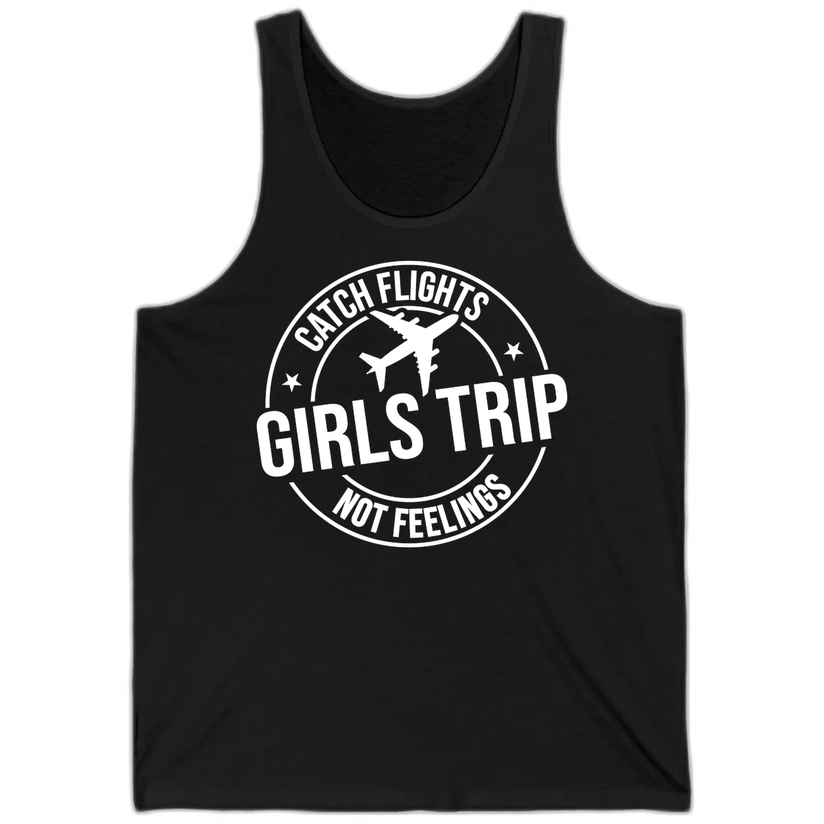 Catch Flights Not Feelings Girls Trip Tank in Black