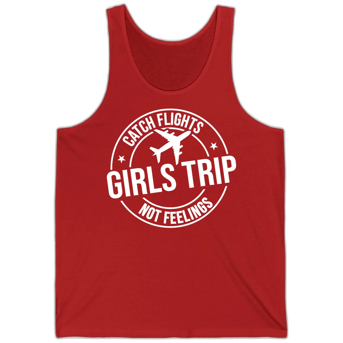 Catch Flights Not Feelings Girls Trip Tank in Red