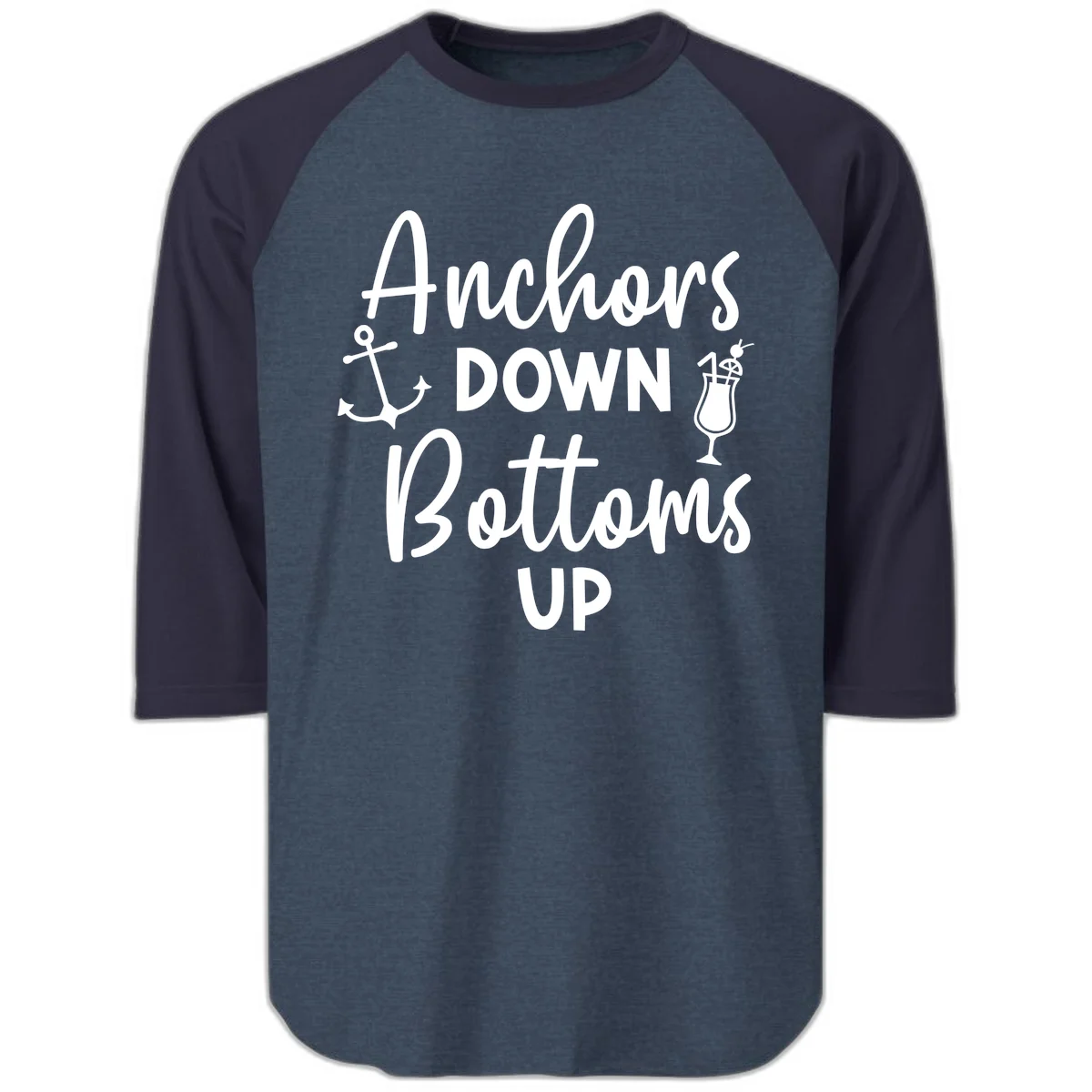 Anchors Down Bottoms Up Raglan 3/4 in Heather Denim Navy