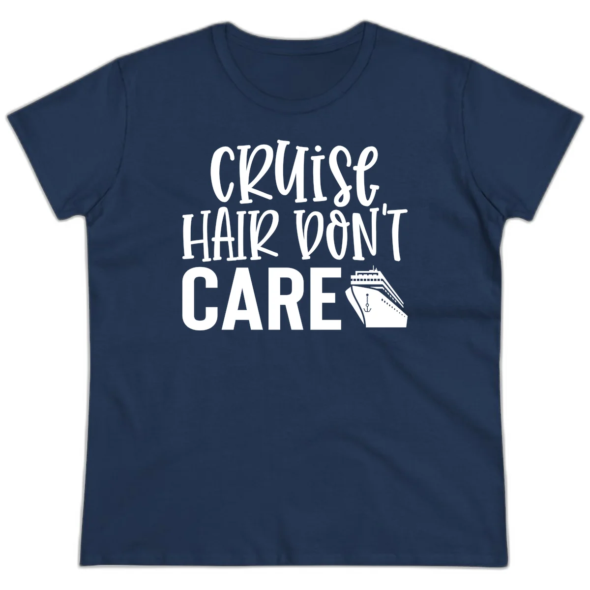 Cruise Hair Don't Care Funny Ladies Tee in Navy
