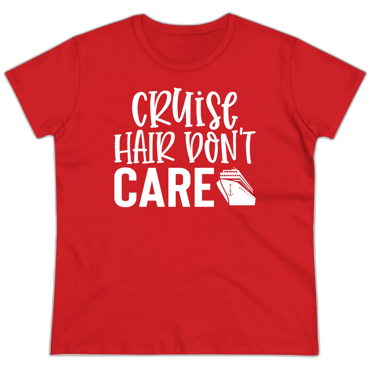 Cruise Hair Don't Care Funny Ladies Tee in Red