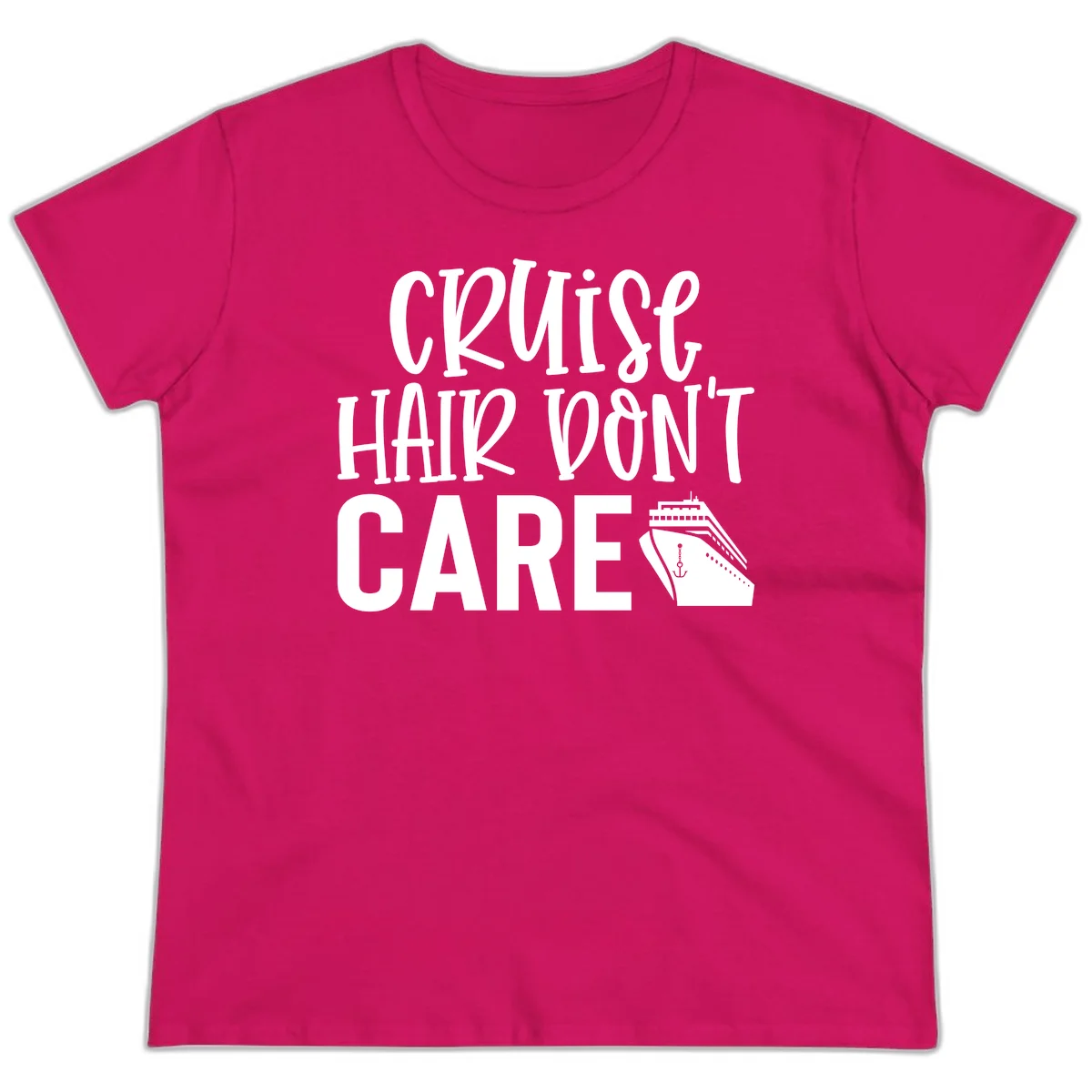 Cruise Hair Don't Care Funny Ladies Tee in Heliconia