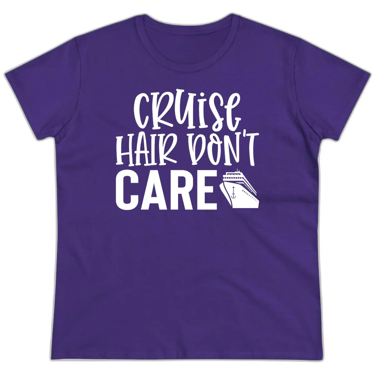 Cruise Hair Don't Care Funny Ladies Tee in Purple