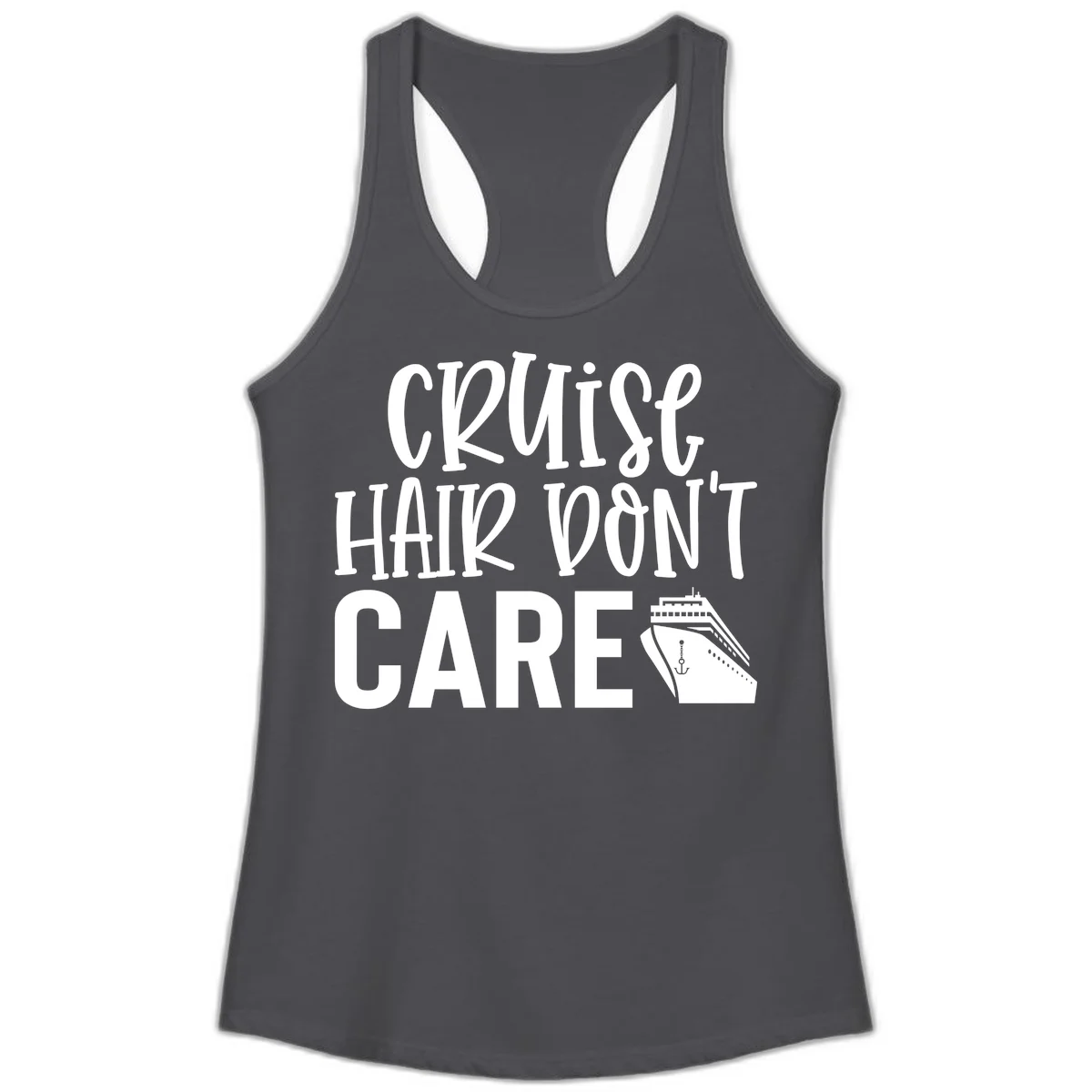 Cruise Hair Don't Care Ladies Racerback Tank in Solid Dark Gray